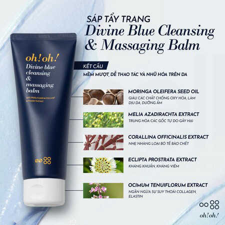 Sáp Tẩy Trang oh!oh! Hỗ Trợ Làm Sạch, Ngừa Lão Hóa Da (Divine Blue Cleansing & Massaging Balm with Melia Azadirachta Leaf & Flower Extract)