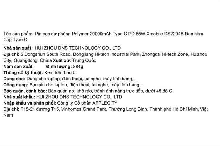 Pin sạc dự phòng Polymer 20000mAh Type C PD 65W Xmobile DS2294B kèm Cáp Type C