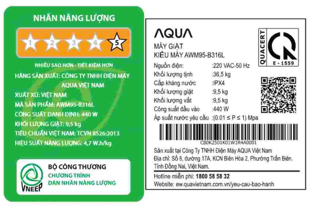 Máy giặt Aqua Inverter 9.5 kg AWM95-B316L(B)