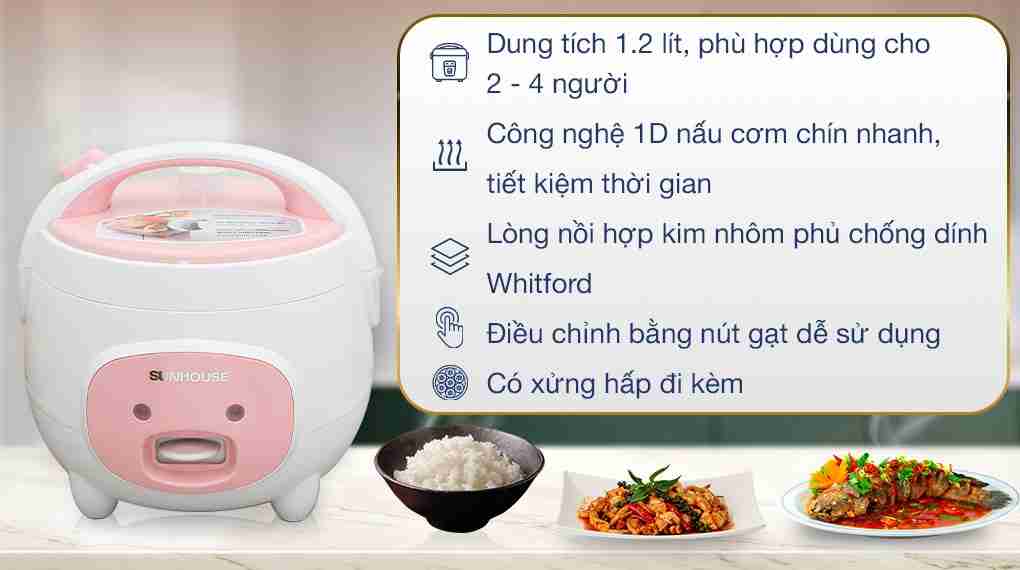 Nồi cơm nắp gài Sunhouse 1.2 lít SHD8217W