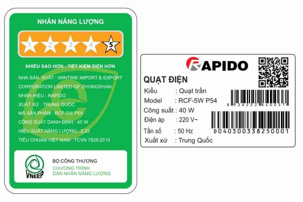 Quạt trần Rapido 5 cánh RCF-5W P54 40W