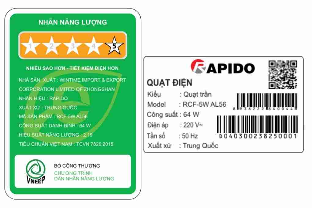 Quạt trần Rapido 5 cánh RCF-5W AL56 64W