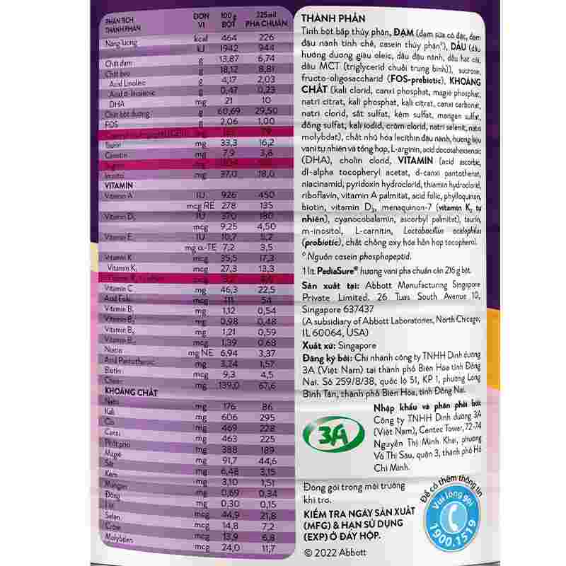 Sữa bột Abbott PediaSure BA hương Vani 1600g