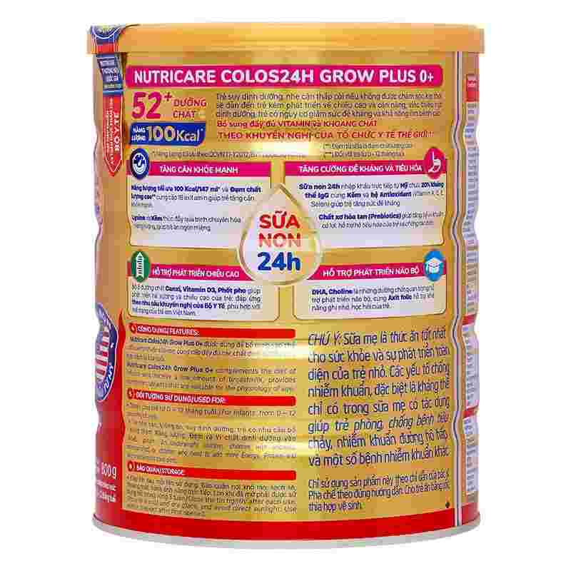 Sữa bột Nutricare Colos 24h Grow Plus 0+ 800g