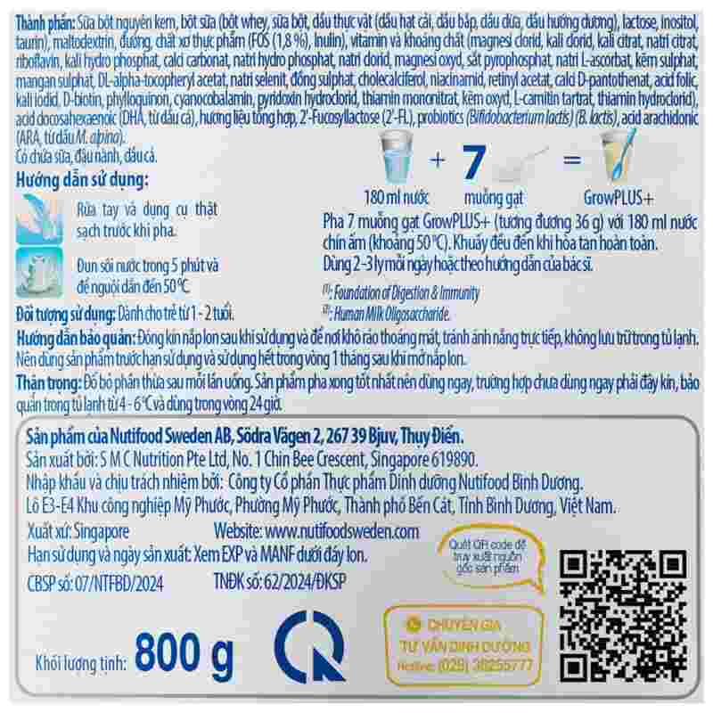 Sữa bột Nutifood GrowPLUS+ xanh nhạt 1+ 800g