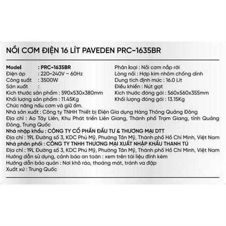 Nồi cơm nắp rời Paveden 16 lít PRC-1635BR
