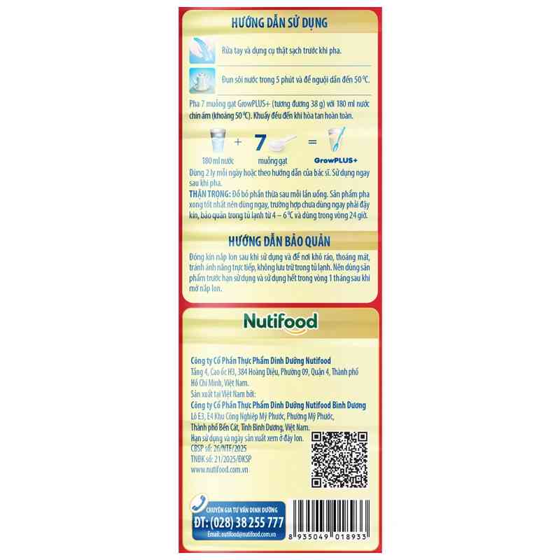 Sữa bột Nutifood GrowPLUS+ đỏ 2+ hương vani 1.5kg