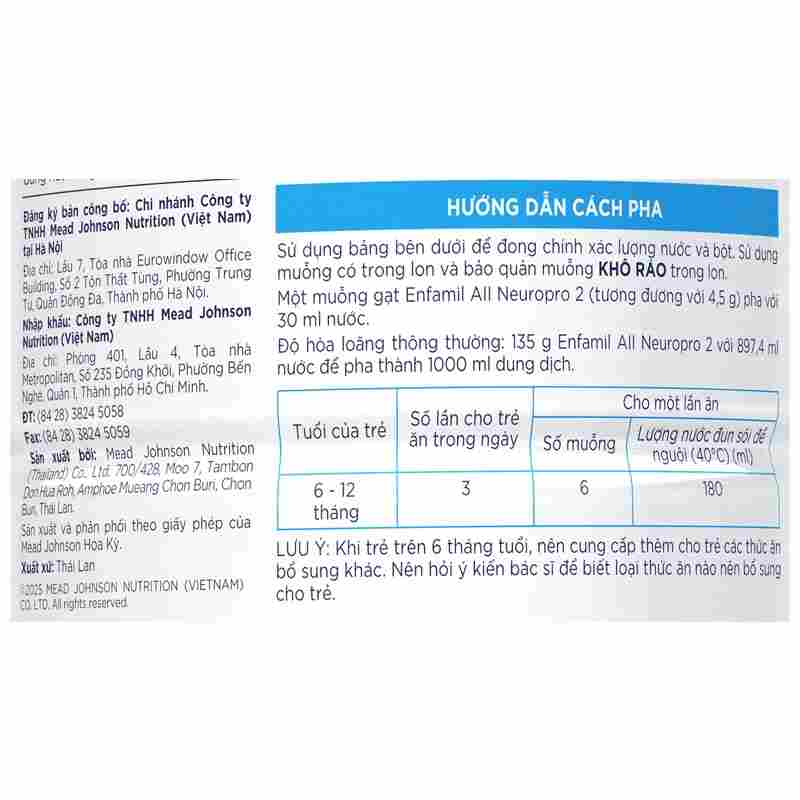 Sữa bột Enfamil A2 Neuropro Follow Up Formula số 2 800g