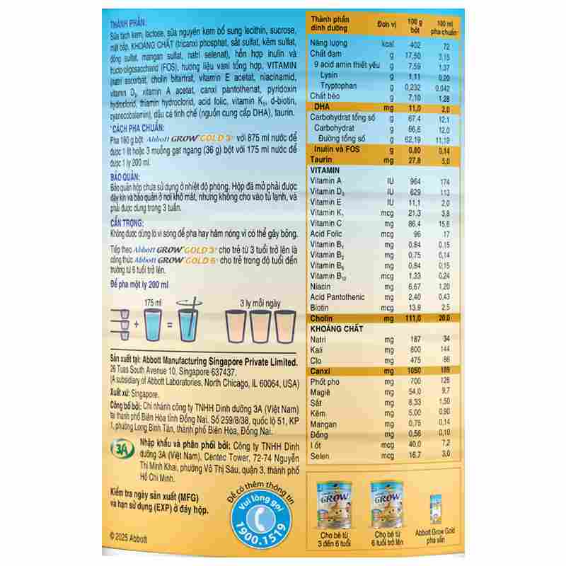 Sữa bột Abbott Grow Gold 3+ 850g