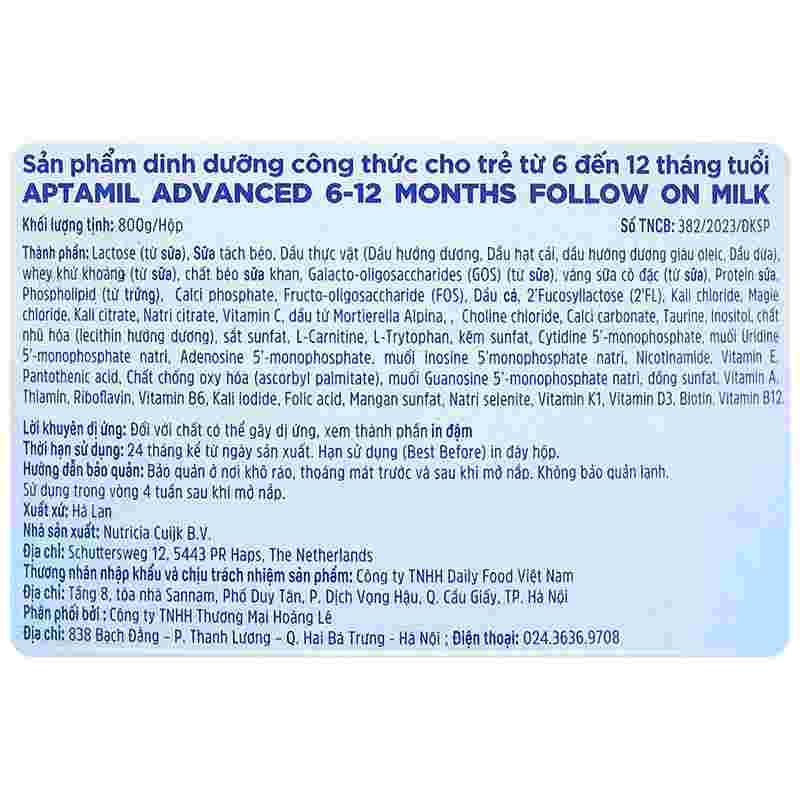 Sữa bột Aptamil Anh Advanced số 2 800g