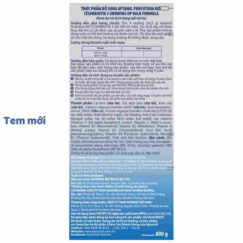 Sữa bột Aptamil Profutura Kid Cesarbiotik số 3 800g