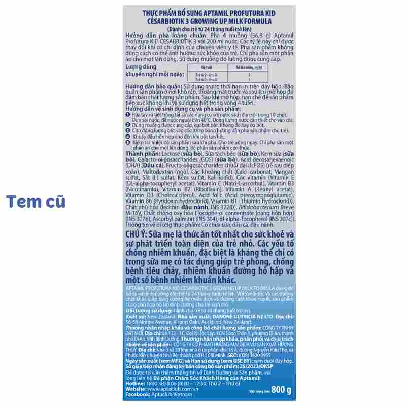 Sữa bột Aptamil Profutura Kid Cesarbiotik số 3 800g