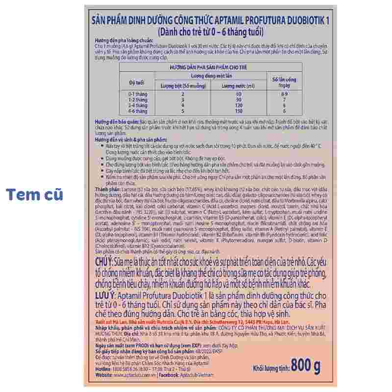 Sữa bột Aptamil Profutura Duobiotik số 1 800g (0-6 tháng)