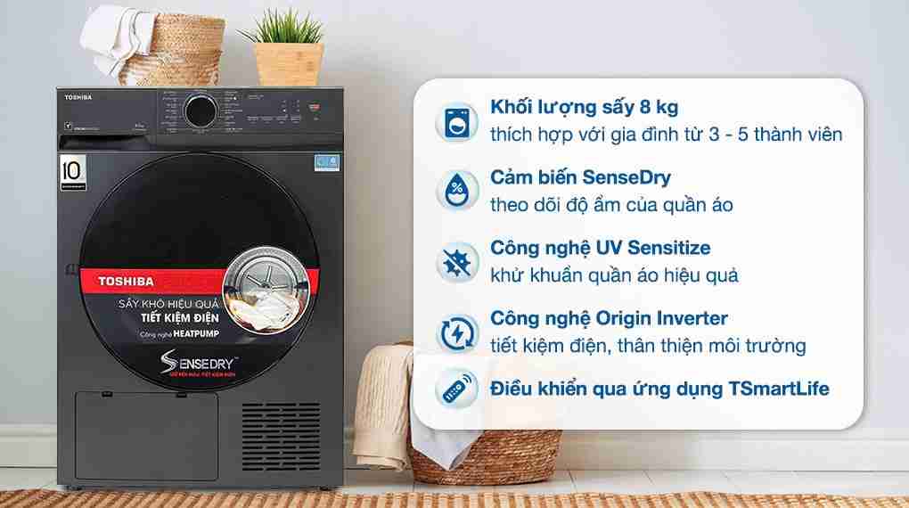 Máy sấy bơm nhiệt Toshiba 8 kg TD-T21B90HWV(MG)