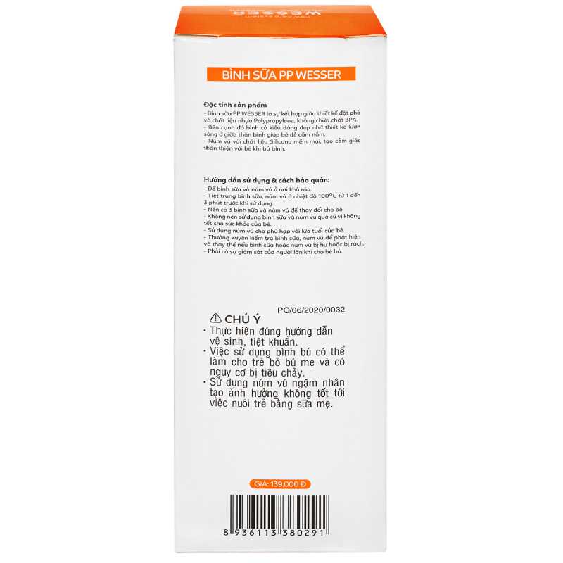 Bình sữa nhựa PP Wesser TBSPPW180 cổ rộng 180ml
