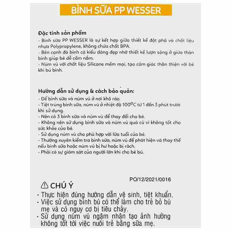 Bình sữa nhựa PP Wesser TBSPPW260 cổ rộng 260ml