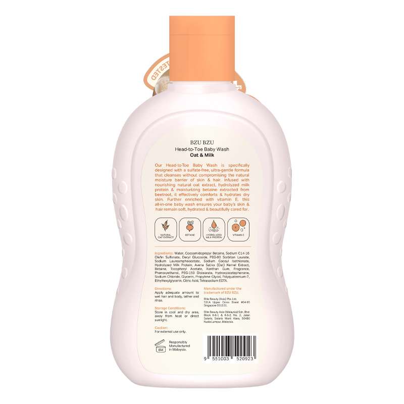 Sữa tắm & gội 2in1 cho bé BZU BZU chiết xuất yến mạch và sữa hương yến mạch 200ml
