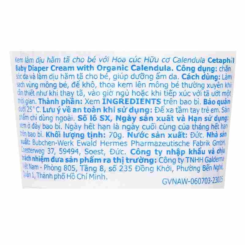 Kem làm dịu và ngừa hăm tã cho bé Cetaphil Baby Diaper Cream Calendula 70g