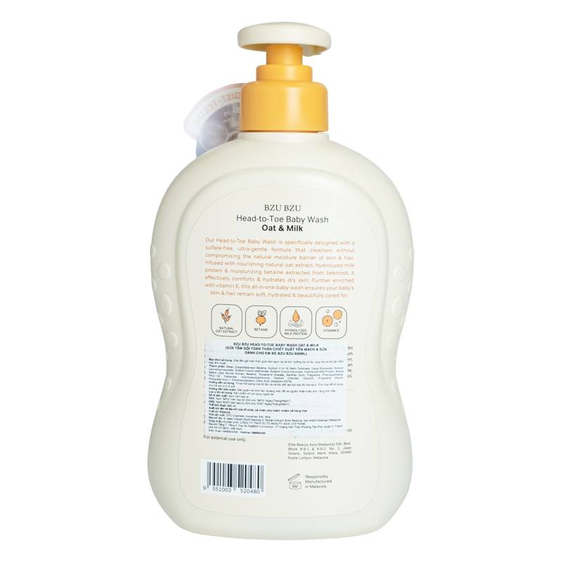Sữa tắm & gội 2in1 cho bé BZU BZU chiết xuất yến mạch và sữa hương yến mạch 600ml
