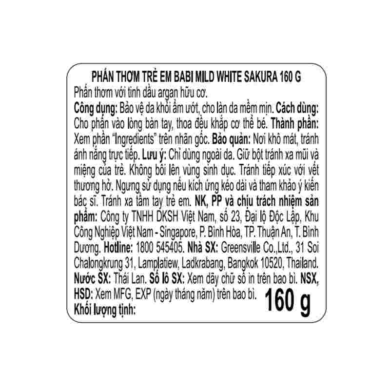 Phấn thơm dưỡng ẩm cho bé Babi Mild White Sakura 160g