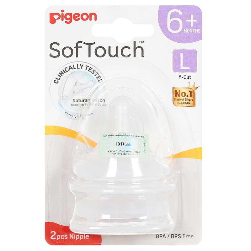 Bộ 2 núm ti Pigeon Softouch cổ rộng size L (6-9 tháng)