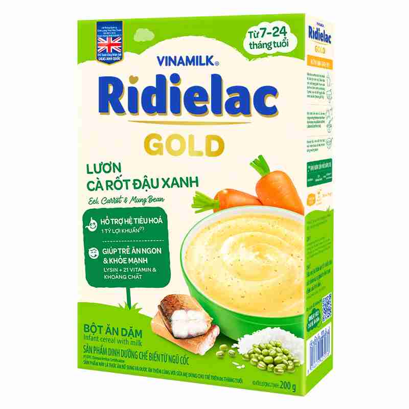 Bột ăn dặm Vinamilk Ridielac Gold lươn, cà rốt, đậu xanh 200g