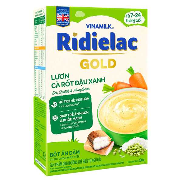 Bột ăn dặm Vinamilk Ridielac Gold lươn, cà rốt, đậu xanh 200g