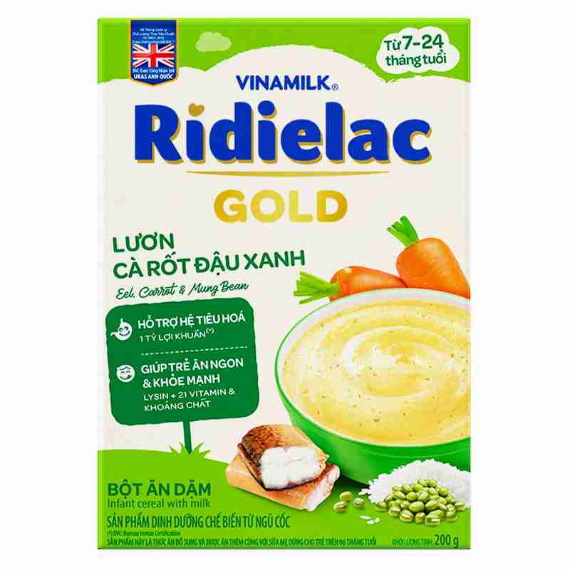 Bột ăn dặm Vinamilk Ridielac Gold lươn, cà rốt, đậu xanh 200g