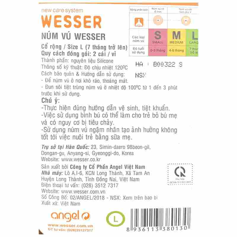 Bộ 2 núm ti Wesser cổ rộng size L (từ 7 tháng)