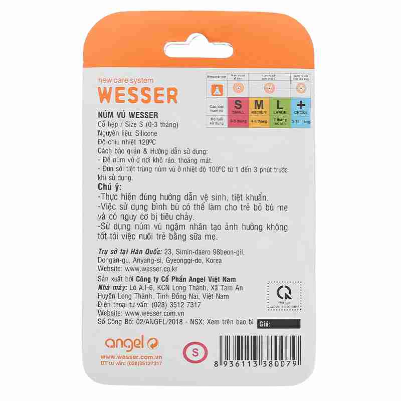 Bộ 2 núm ti Wesser cổ hẹp size S (0-3 tháng)