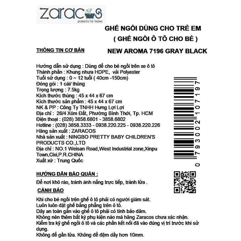 Ghế ngồi ô tô Zaracos New Aroma 7196 - Màu xám