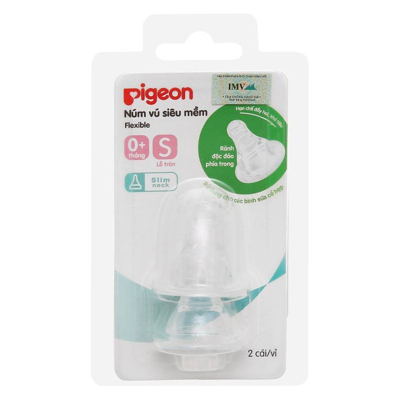 Bộ 2 núm ti Pigeon siêu mềm cổ hẹp size S (0-3 tháng)