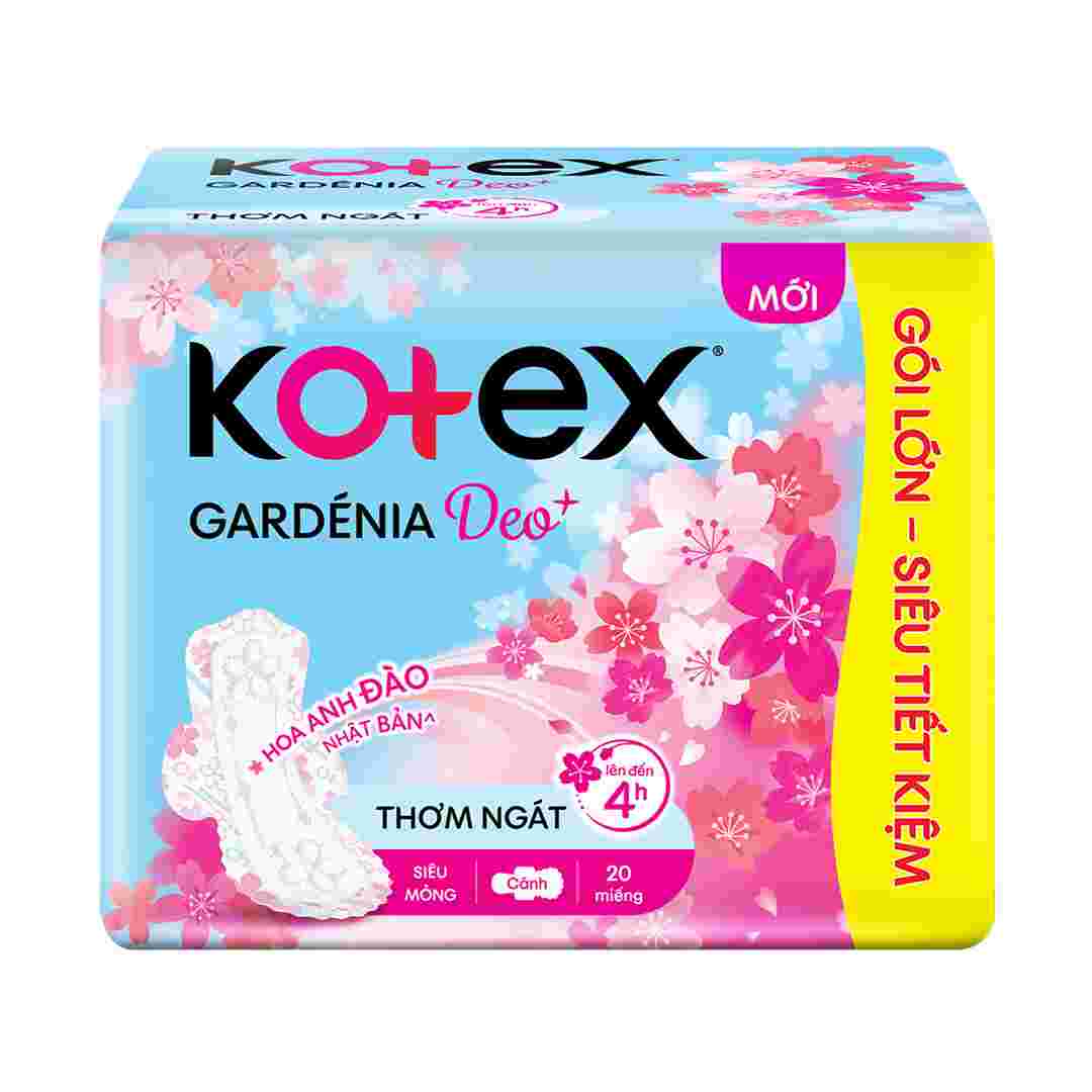 Băng Vệ Sinh Kotex Gardenia Deo+ Hoa Anh Đào Siêu Mỏng Cánh 23cm 20 Miếng