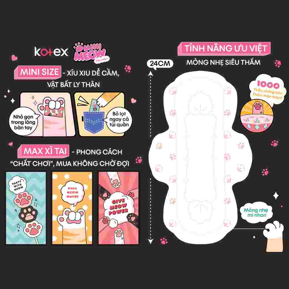 Băng Vệ Sinh Kotex Mini Meow Siêu Mềm Cánh 24cm 8 Miếng