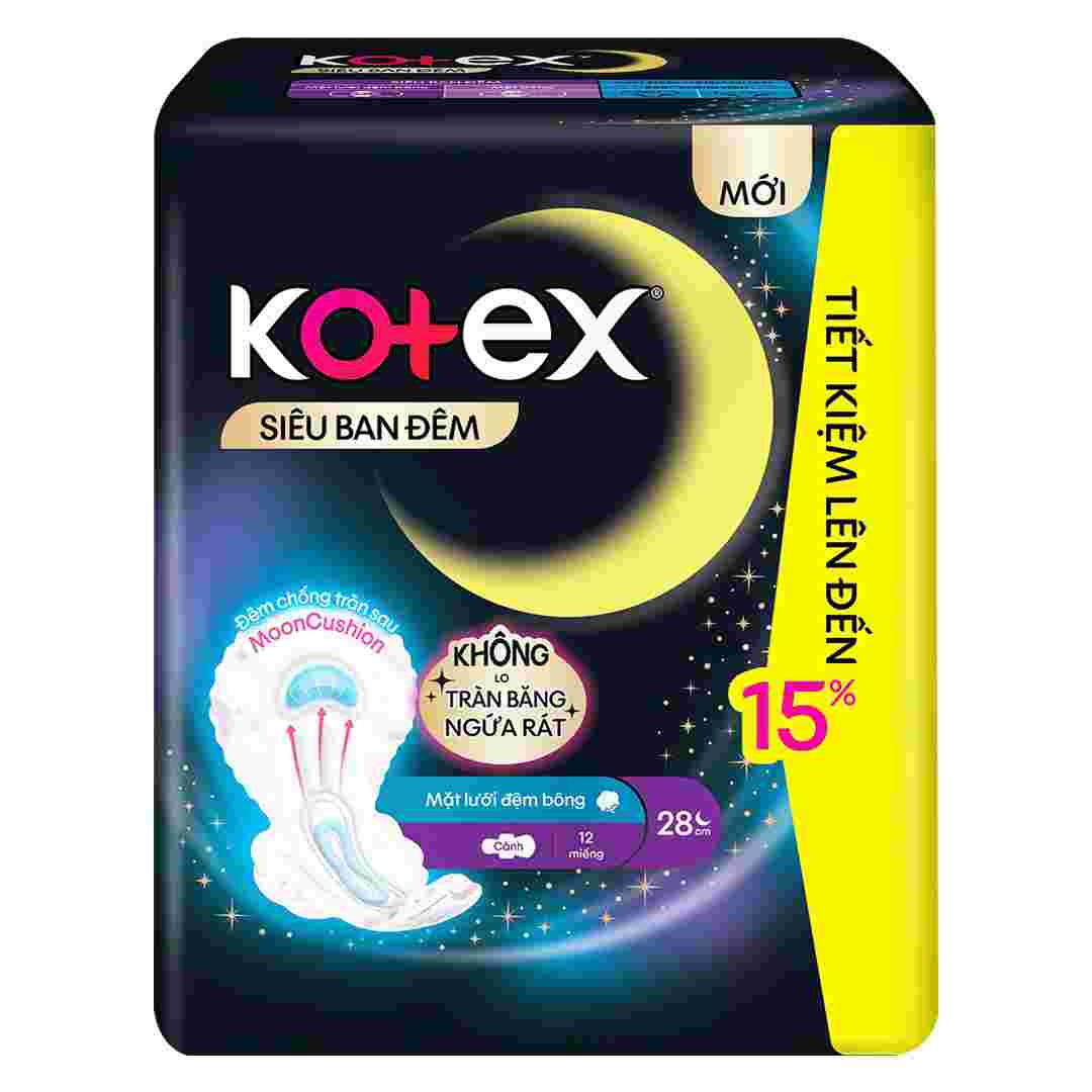 Băng Vệ Sinh Kotex Ban Đêm Mặt Lưới Siêu Mỏng Cánh 28cm 12 Miếng