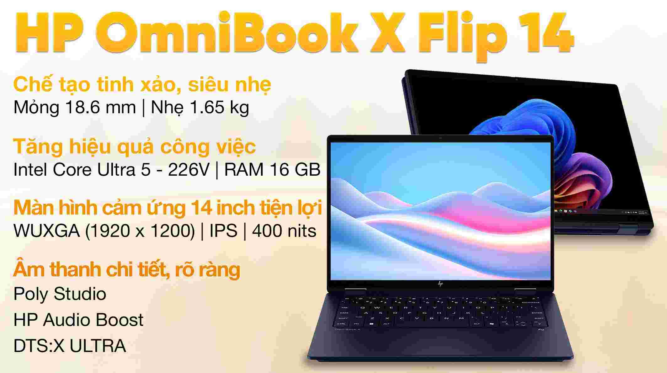 Laptop HP OmniBook X Flip 14 fm0088TU BZ7Q2PA (Ultra 5 226V, 16GB, 512GB, Cảm ứng)