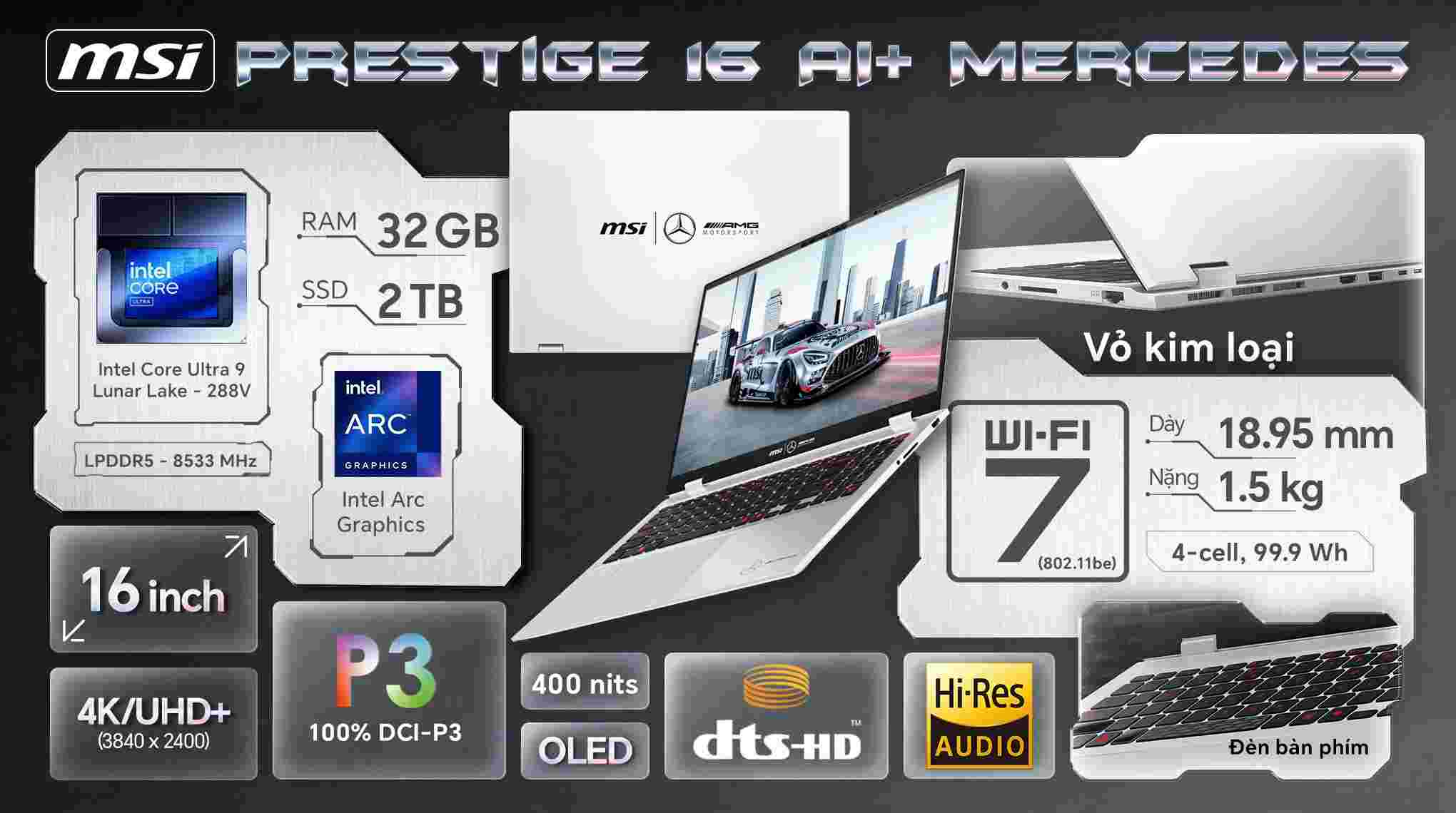 Laptop MSI Prestige 16 AI+ Mercedes-AMG Motorsport B2VMG 088VN (Ultra 9 288V, 32GB, 2TB OLED 4K)