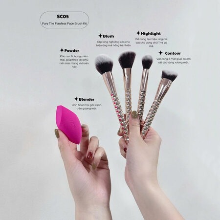 Bộ 4 Cọ Trang Điểm & 1 Bông Phấn Vacosi (Fury The Flawless Face Brush Kit ) SC02