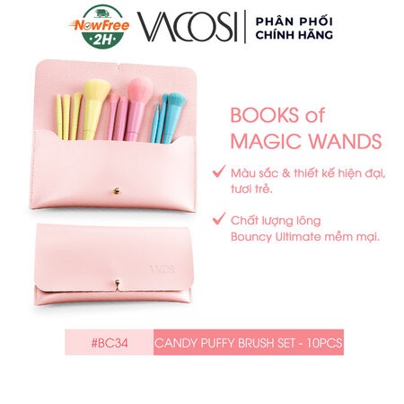 Bộ Cọ Trang Điểm Vacosi 10 Cây Kèm Ví (Candy Puffy Brush Set) 10 Cây Kèm Ví Hồng