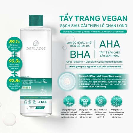 Nước Tẩy Trang Derladie Sạch Sâu, Cải Thiện Lỗ Chân Lông (Cleansing Water Witch Hazel Micellar Unsented)