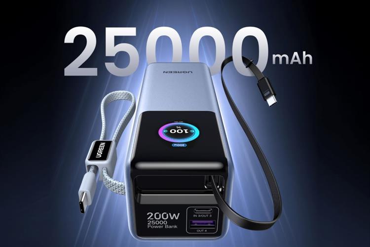 Pin sạc dự phòng 25000mAh Type C PD QC 3.0 200W Ugreen PB728 kèm Cáp Dây Rút Type C