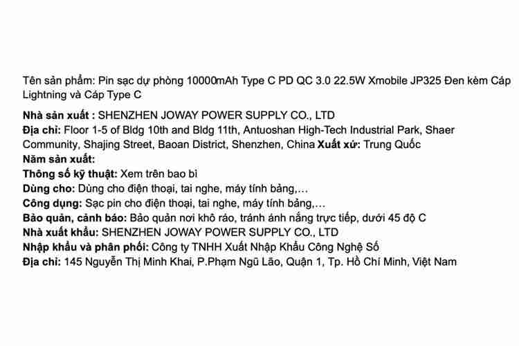 Pin sạc dự phòng 10000mAh Type C PD QC 3.0 22.5W Xmobile JP325 kèm Cáp Lightning và Cáp Type C