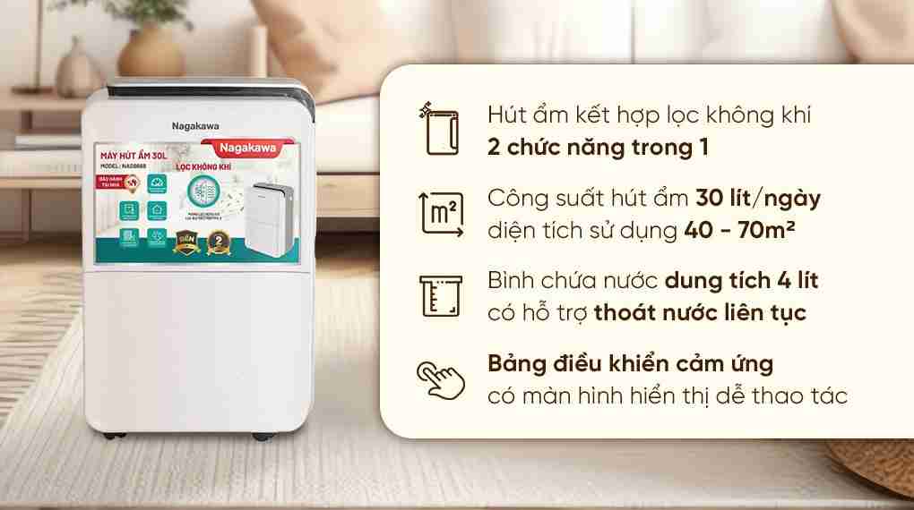Máy hút ẩm kết hợp lọc không khí Nagakawa NAD8668