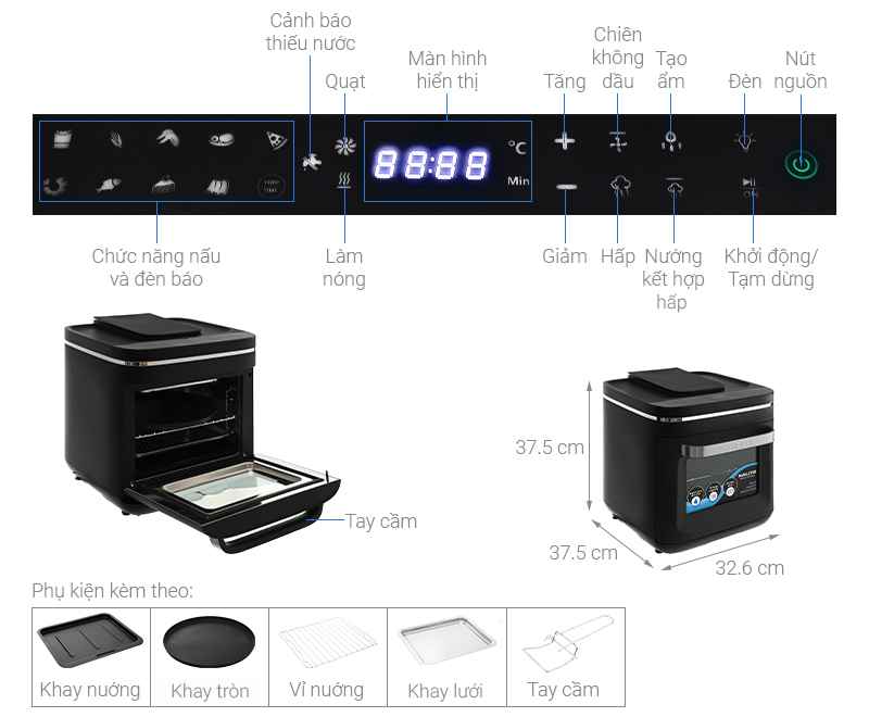Lò chiên không dầu kết hợp hấp Kalite STEAM X 15 lít