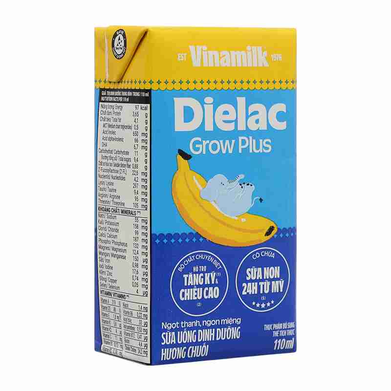 Lốc 4 hộp sữa non pha sẵn Dielac Grow Plus hương chuối 110ml