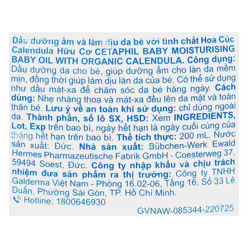 Dầu massage dưỡng ẩm cho bé Cetaphil Baby Moisturising Baby Oil 200ml