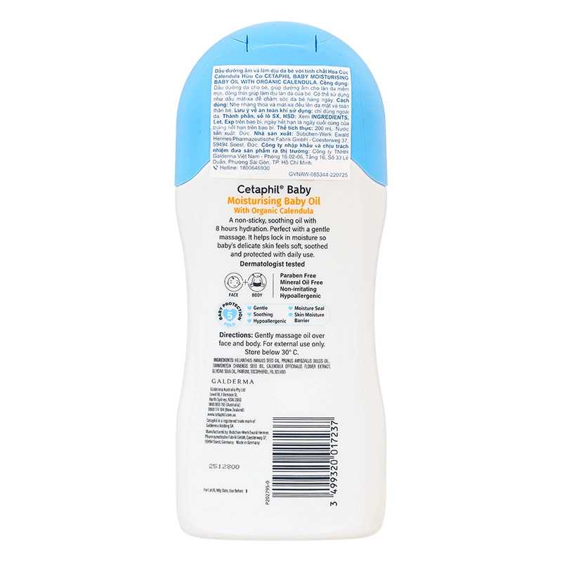 Dầu massage dưỡng ẩm cho bé Cetaphil Baby Moisturising Baby Oil 200ml