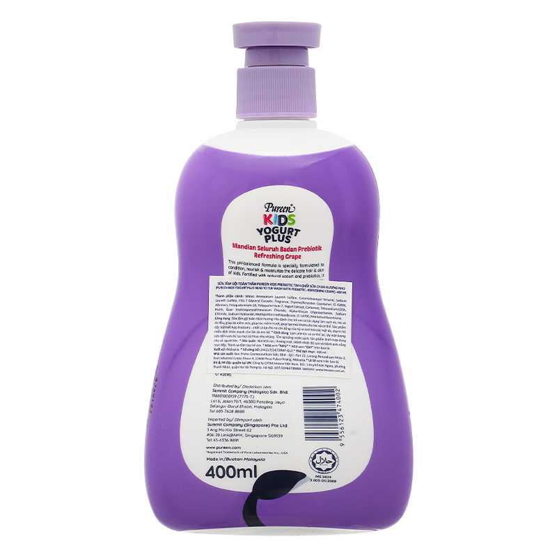 Sữa tắm & gội 2in1 cho bé Pureen Prebiotic Yogurt Plus tinh chất sữa chua hương nho 400ml
