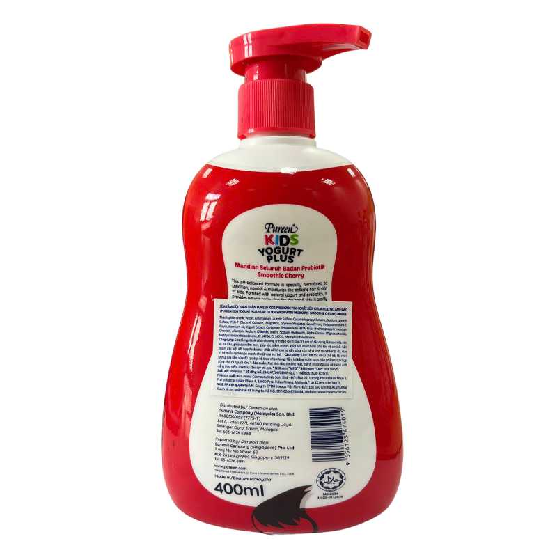 Sữa tắm & gội 2in1 cho bé Pureen Prebiotic Yogurt Plus tinh chất sữa chua hương anh đào 400ml