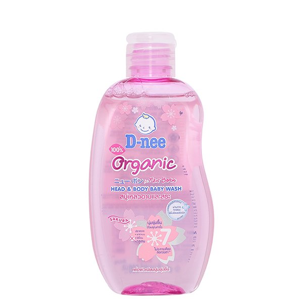 Dầu tắm & gội 2in1 cho bé D-nee Organic chiết xuất hoa anh đào 200ml (chai hồng)